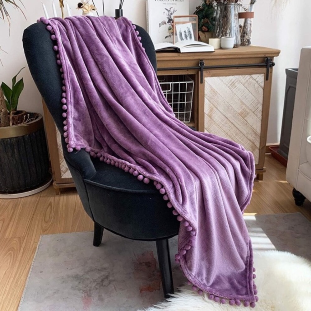 Light Lilac Purple Cute Pompom Fringe Chic Cozy Soft Trendy SofaThrow Blanket - Picture 16 of 16